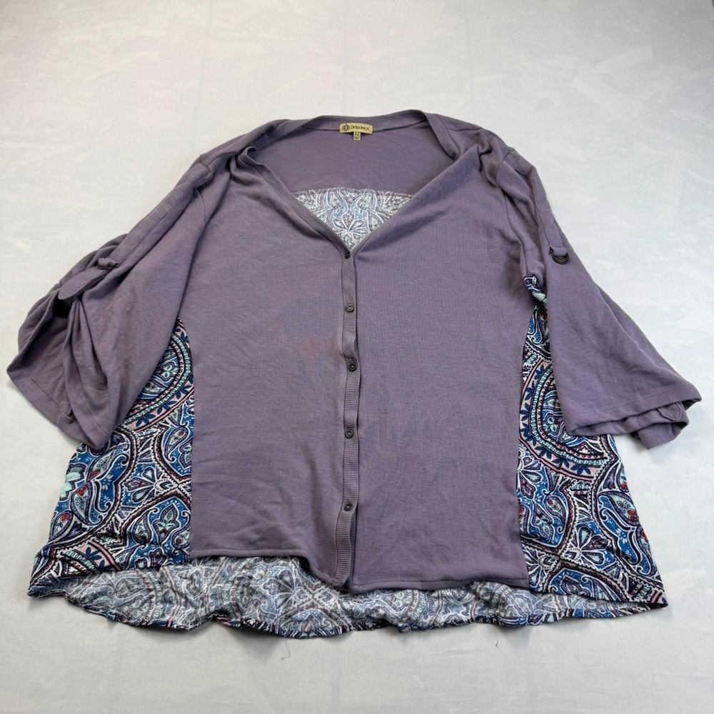 Democracy Cardigan Sweater Womens XL Purple Paisley Contrast Trim Button Front